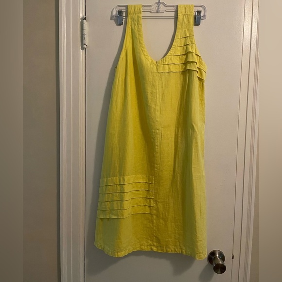 100% Linen Made in Italy Lemon Yellow Pleated Detail Shift Dress Size Medium - Picture 1 of 13